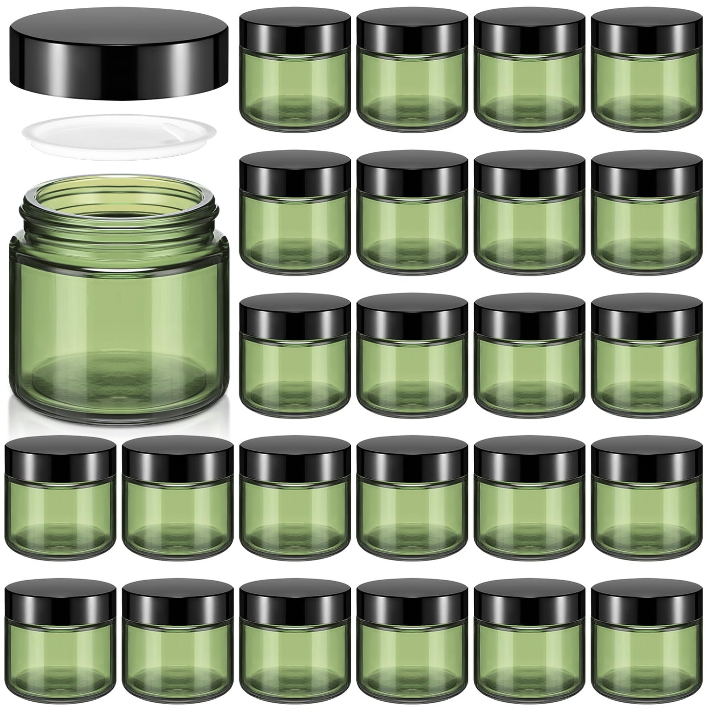 Domensi 48 Pcs 2 oz Glass Jars with Lids Travel Size Round Leakproof Empty Cosmetic Jars with Inner Liners Lid for Storing Makeup Lotions Face Cream Ointments DIY Making (Olive Green)