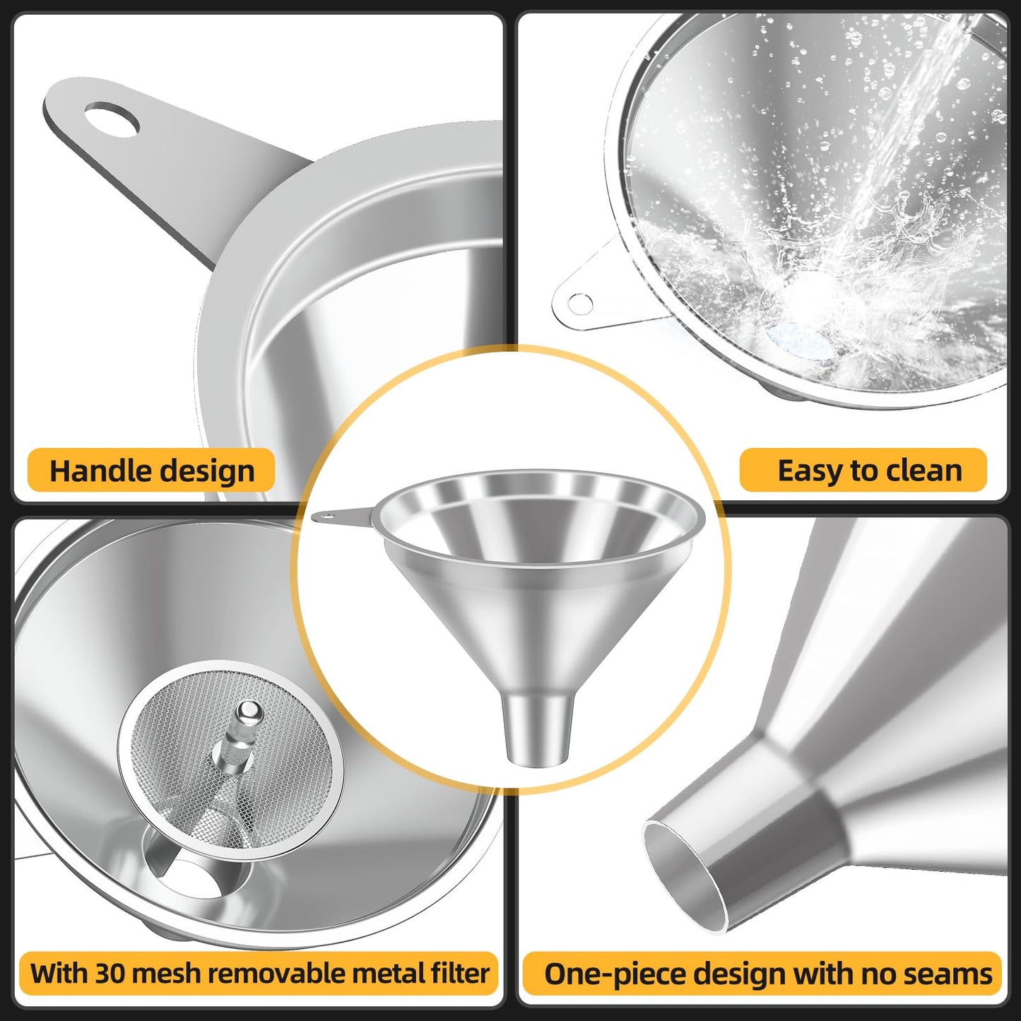 Nomatox 3 Pack Stainless Steel Kitchen Funnel Set,funnels for Kitchen use Filling Bottles, 2 Size Spouts Funnel and Strainer for Filling Different Bottles and Bags