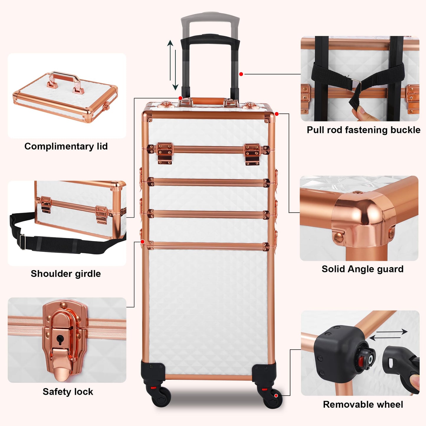 Somduy Rolling Makeup Case, Makeup Train Case with Lid, 5 in 1 Cosmetology Case on Wheels, Christmas Gift, Large Makeup Organizers, Profesional Cosmetic Case for Salon Barber, White Gold