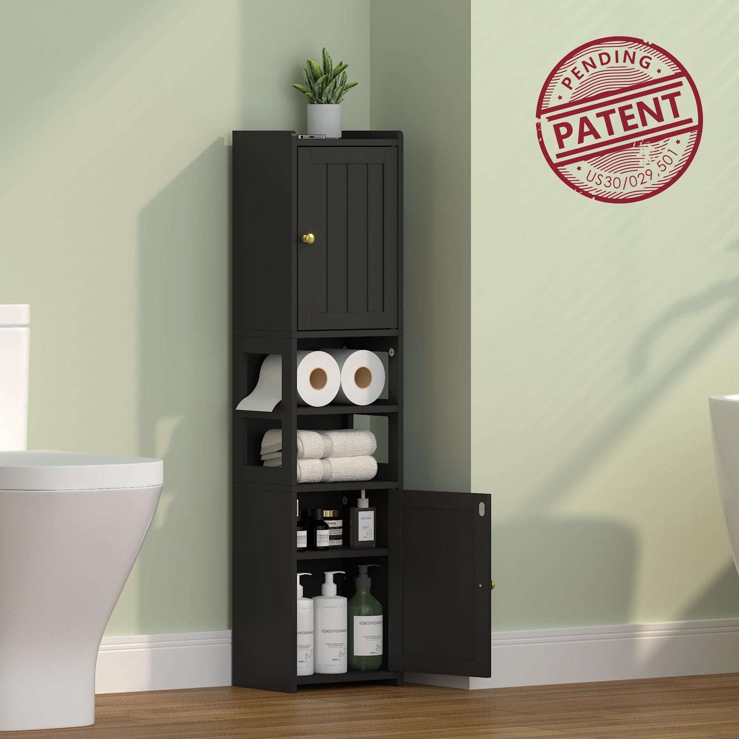 TidyHaven 39" H Small Bathroom Storage Cabinet, Narrow Corner Floor Cabinet with Adjustable Shelf, Slim Design for Bathroom, Kitchen, Living Room (Black)
