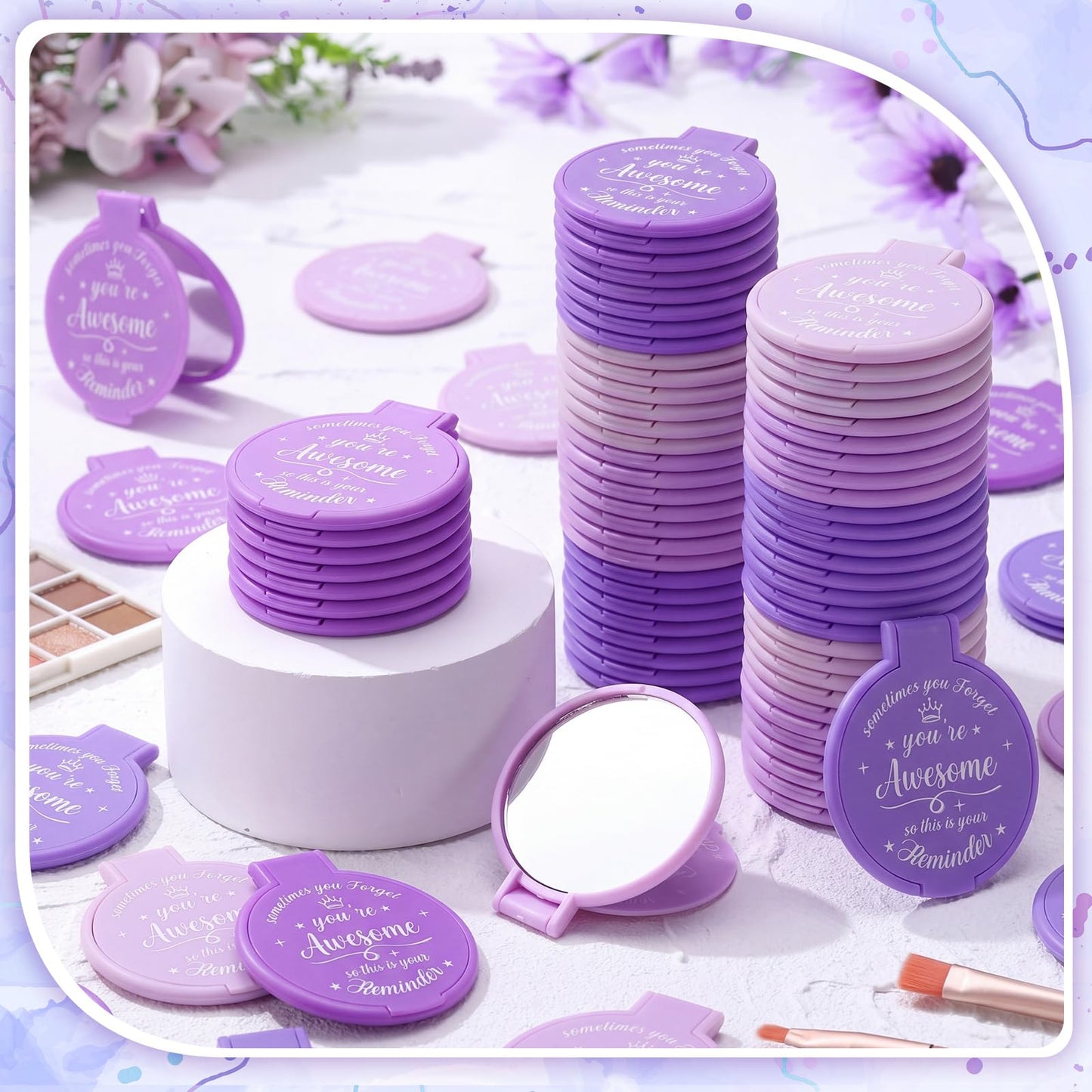 Gulfmew 100 Pcs 2.76 Inch Inspirational Compact Mirror Bulk Women Small Gifts Graduation Mothers Day Party Favors Purse Mirror Pocket Mini Items for Adult Coworker Cheerleader Swag Bag (Purple Series)
