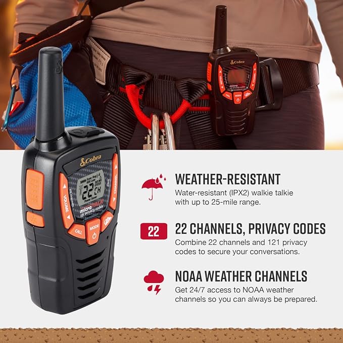 Cobra ACXT390 Walkie Talkies & Compatible Cobra Surveillance Headset - Rechargeable, 22 Channels, Long-Range, 2 Two-Way Radios, 2 Headsets, Black/Orange