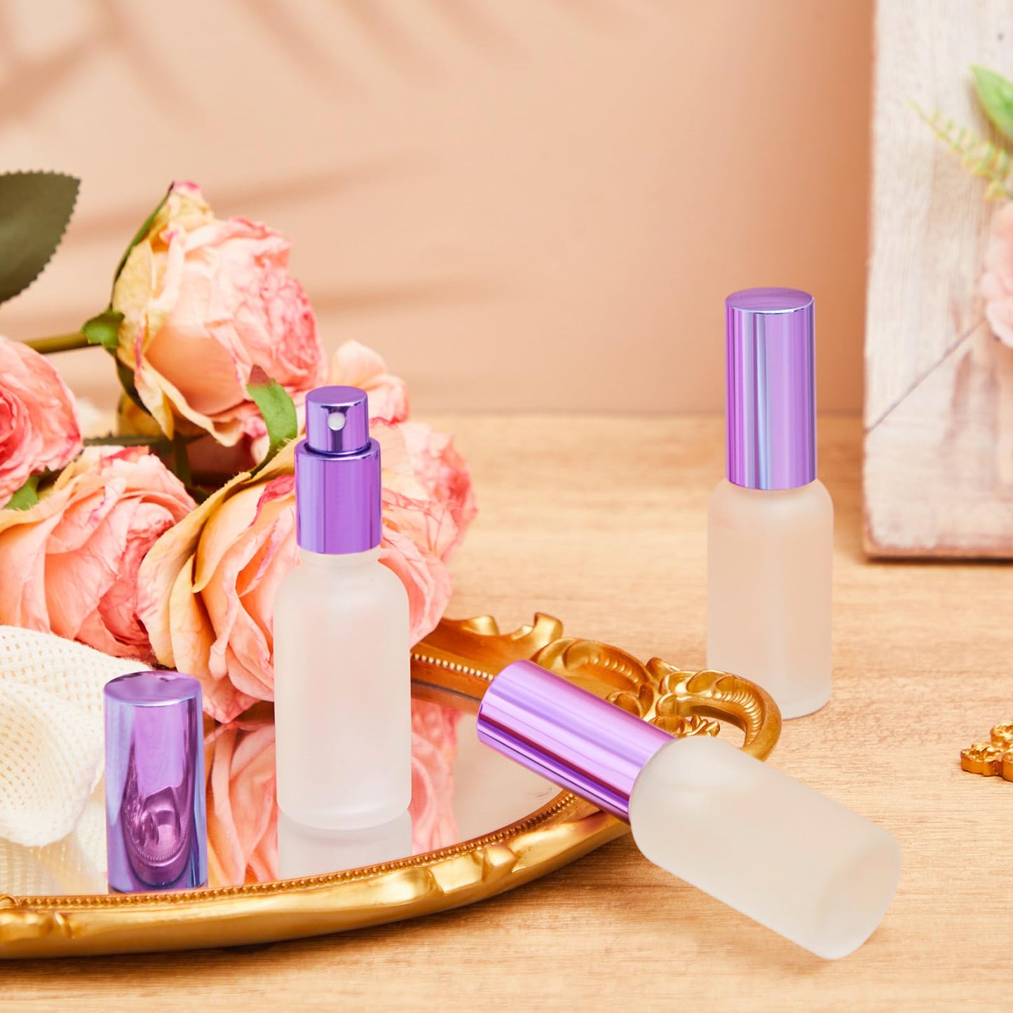 Roshtia 30 Pcs Glass Spray Bottle Clear Empty Bottles Small Refillable Reusable Perfume Bottle with Fine Mist Sprayer Pump for Face Body Travel(1 oz,Purple)