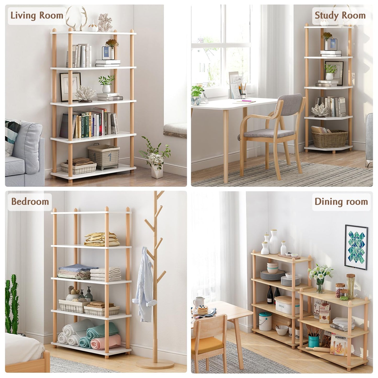 IOTXY 5-Tier Wooden Shelf Bookcase - Modern Open Bookshelf, Free Standing Storage Rack, Multifunctional Display Stand for Home and Office, White, Rectangle