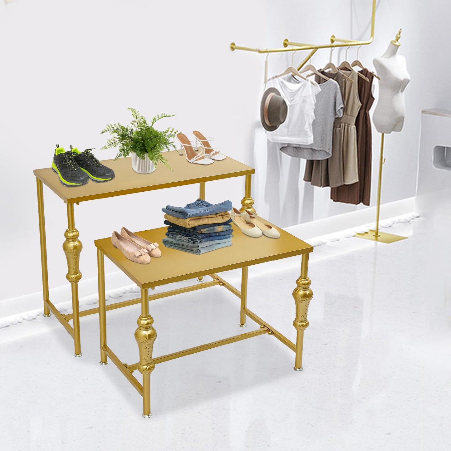 WoopJeem 2 Pack Gold Retail Display Tables, Modern Boutique Shoe Handbag Clothing Stand, HeavyDuty Display Riser Shelf for Store, Home, Showroom, Vendor Events