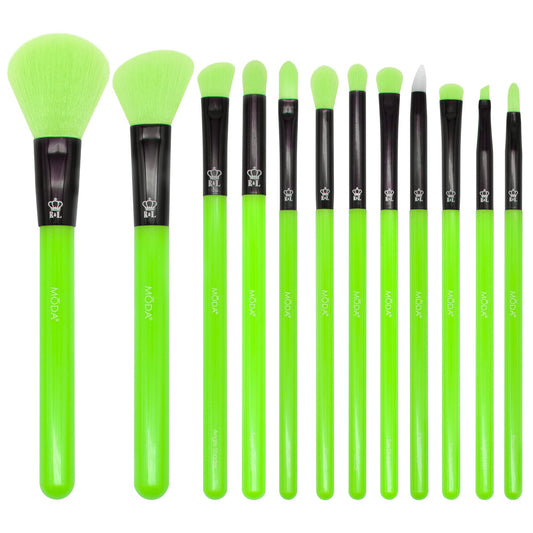 MODA Neon Green Makeup Brush Set, 12pc Vegan Face and Eye Brush Kit, for Foundation, Blush, Powder and Eyeshadow, Ultra Soft Synthetic Bristles, for Smooth Blending and Flawless Finish