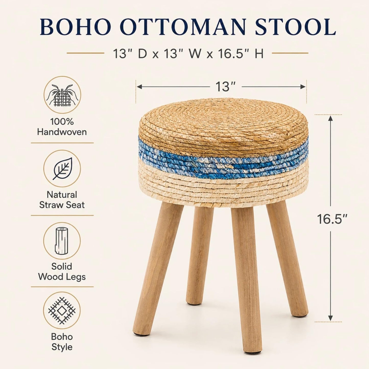 Wimarsbon Pouf Ottoman, Round Footstool with 4 Wood Leg, Handmade Bohomia Natural Outdoor Footrest, Rustic Dressing Stool, Accent Vanity Chair (High Blue)