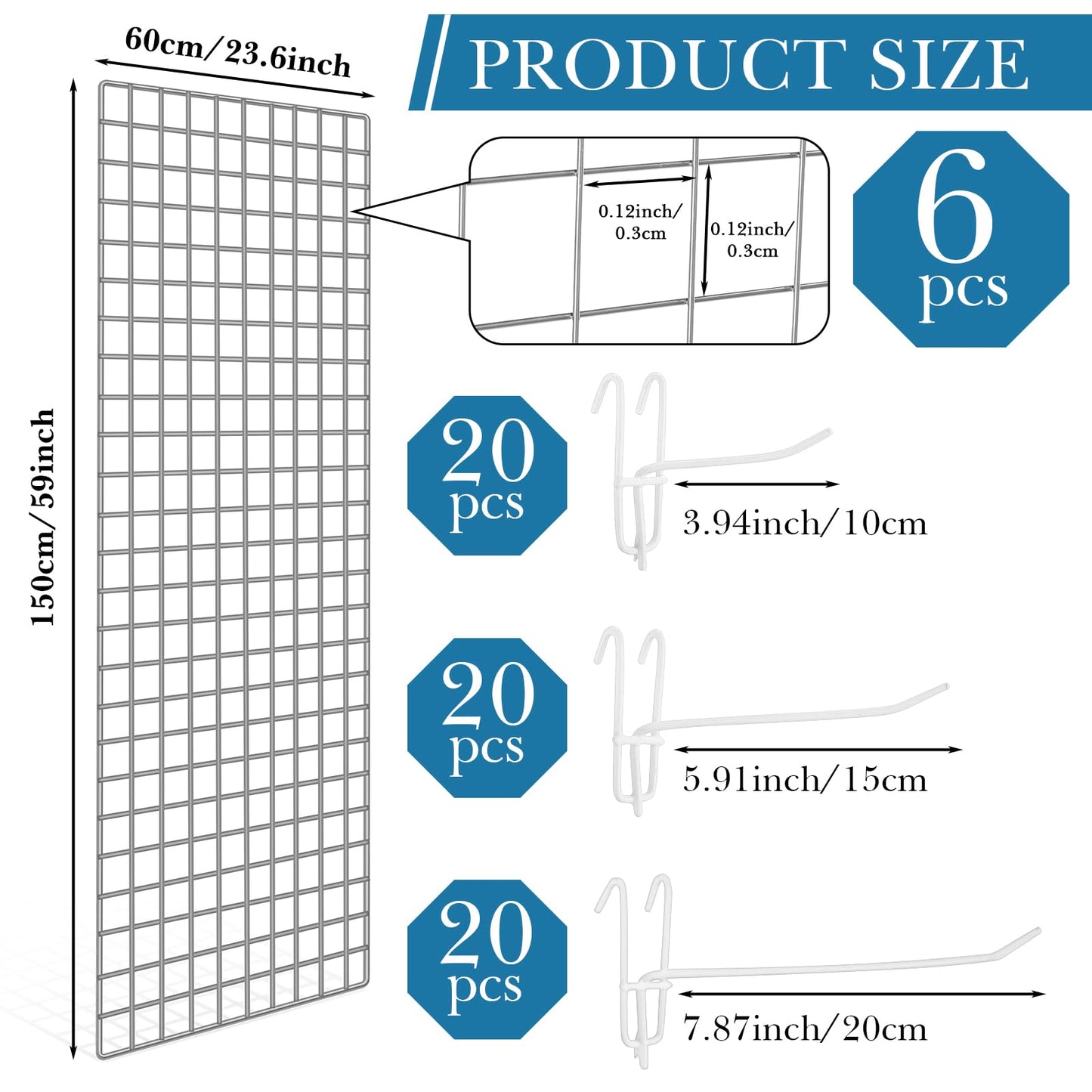 Hicarer 6 Pcs Commercial Grade Gridwall Panels for Display, Heavy Duty Wire Grid wall Display Rack Metal wall Mount Grid with 60 White Hooks for Retail Display Home Storage Vendor Events(2 x 5 ft)