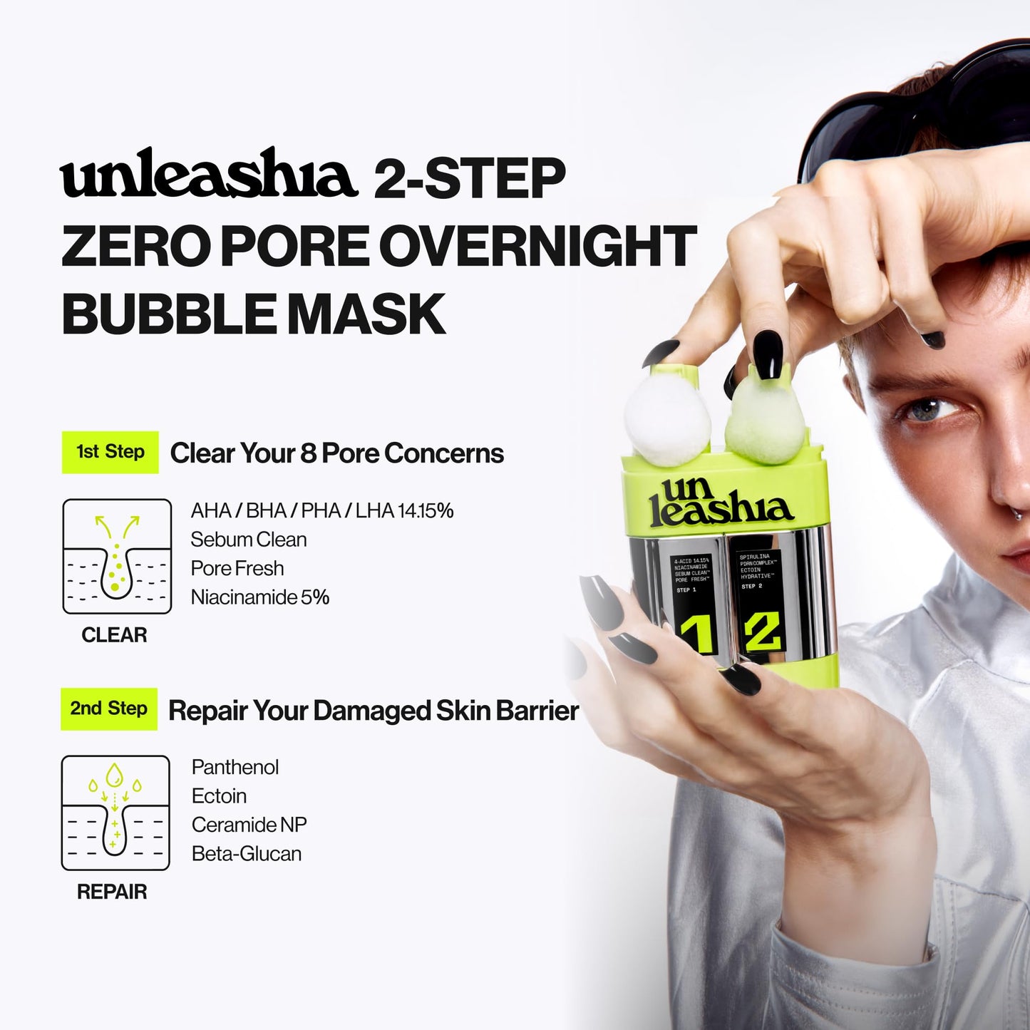 UNLEASHIA 2-Step Zero Pore Overnight Bubble Mask | 8-Pore Exfoliant & Barrier Care with AHA, BHA, PHA, LHA, Niacinamide, Panthenol, Ectoin & Ceramide NP, Sensitive Skin, Korean Skincare, 2.71 Fl Oz