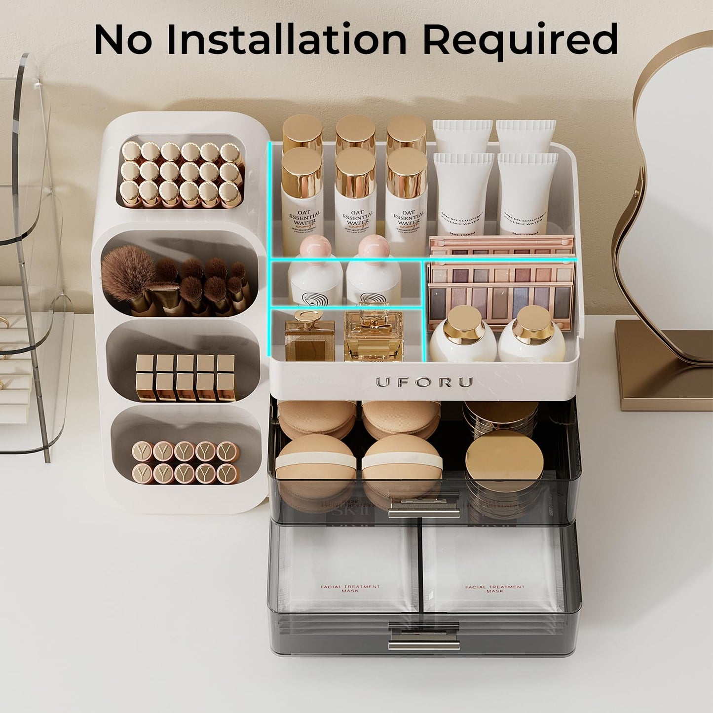 UFORU Makeup Organizer for Vanity with Brush Holder, Large Capacity Bathroom Countertop Skincare Organizer with 2 Drawers, Cosmetic Display Case for Perfumes, Eyeshadow Palettes, Nail Polishes