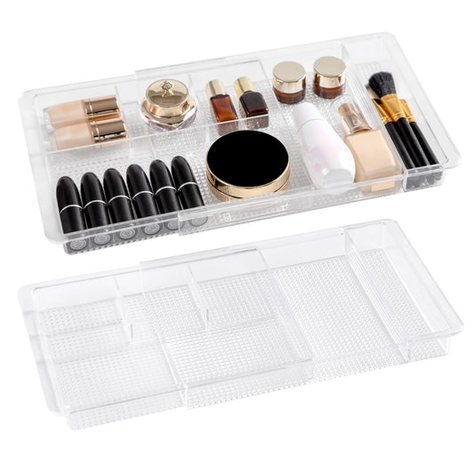 Oubonun Expandable Drawer Organizer 11.1” to 19.2” Width, Shallow Cosmetic Organizer 1.3” Height, 2 Packs, Clear Plastic Storage Trays for Dressing Table,Bathroom