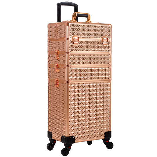AROUS 5 in 1 Rolling Makeup Train Case Cosmetology Case on Wheels Large Cosmetic Organizer Travel Cart for Hairstylist Artist Nail Beauty Salon Barber,Gold