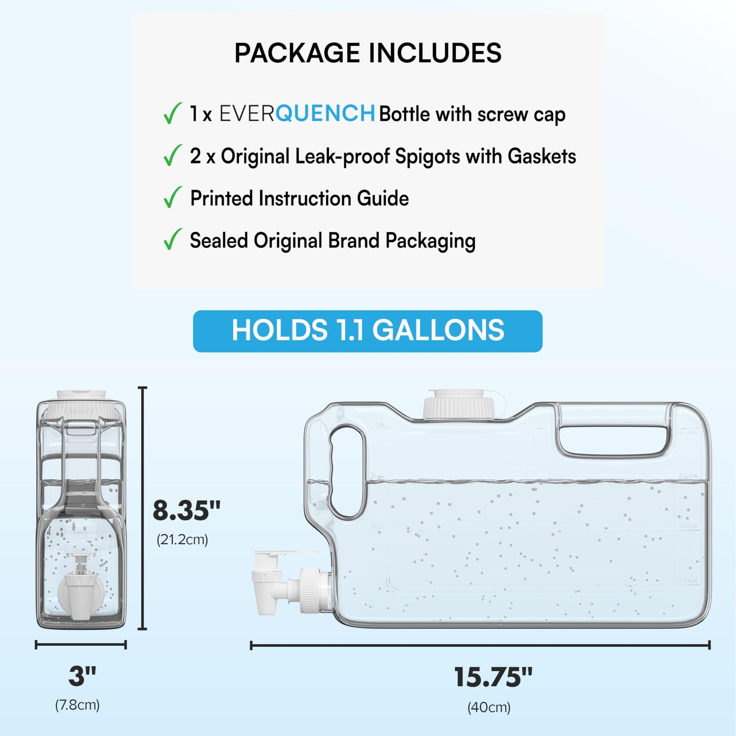 Refrigerator Water Dispenser 1.1 Gallon Bottle with 2 Spigots - BPA Free Plastic Slim Water Jug with Spout Leak Proof | Refillable Fridge Water Container, Convenient Handles (Clear)