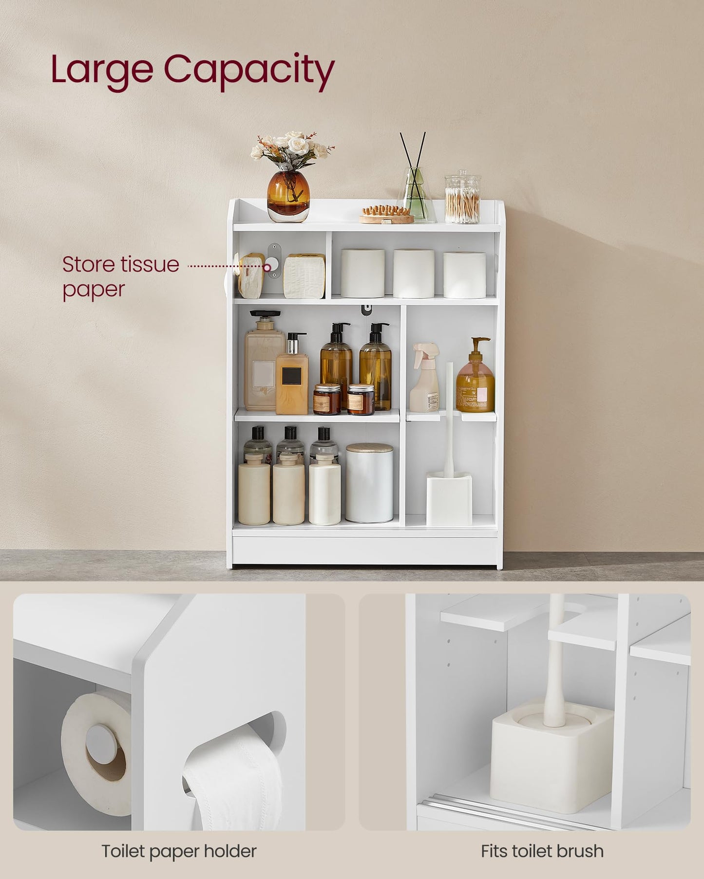 VASAGLE Narrow Storage Cabinet, Slim Floor Cabinet with Sliding Doors, Toilet Paper Holder and Brush Compartment, for Bathroom and Living Room, 7.9 x 23.6 x 31.5 Inches, Cloud White UBBC752W01