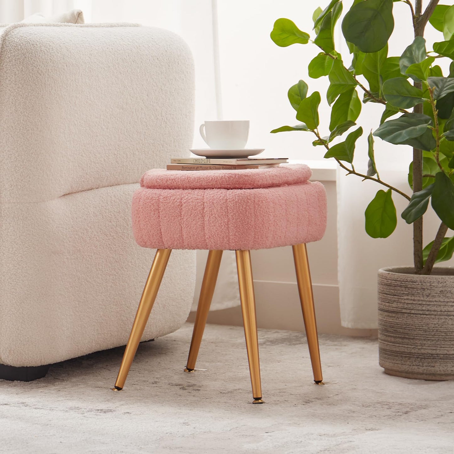 ZYKZYK Updated Vanity Chair, Storage Ottoman with Folding Back & Gold-Toned Metal Legs, Ottoman Seat with Teddy Velvet for Dressing Room Living Room Bedroom, 15" x 12" Inch