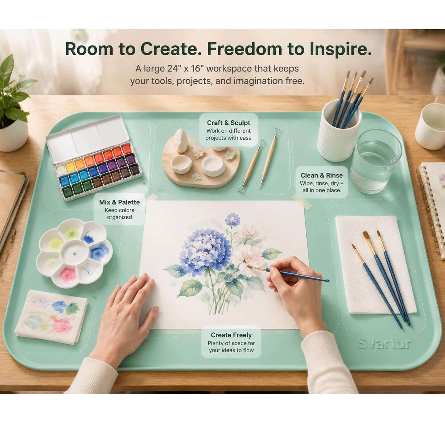 Silicone Craft Mat 24" x 16" with Raised Edge, Roll-Up Design with Storage Strap, Multi-Purpose Desk & Table Protector Silicone Art Mat for Crafts, Painting & DIY, Light Green