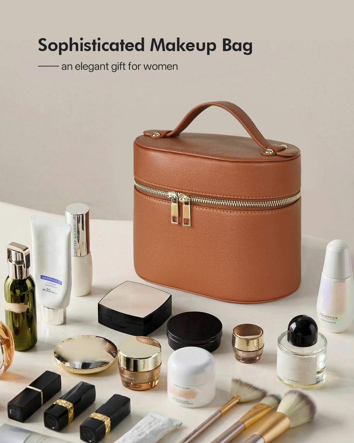 Prite 2 Pcs Makeup Bag Set Travel Cosmetic Case with Waterproof Clear Toiletry Pouch and Removable Divider, Vegan Leather Organizer for Women