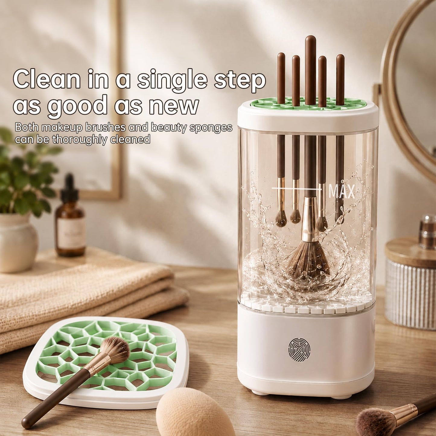 Kuyqd Electric Makeup Brush Cleaner Machine, Automatic Makeup Brush Cleaning With Dryer-Holder for All Brush Types,Sponges-White
