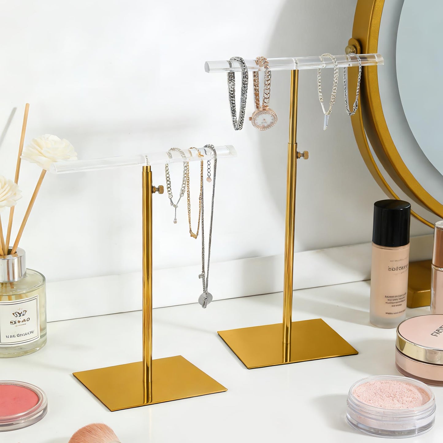 CHAWTALION Jewelry Display Stand, 2PCS T Bar Purse Handbag Holder Adjustable Height Stainless Steel 13.3~21.2 Inches Showcase Rack for Retail Boutique or Home Closet