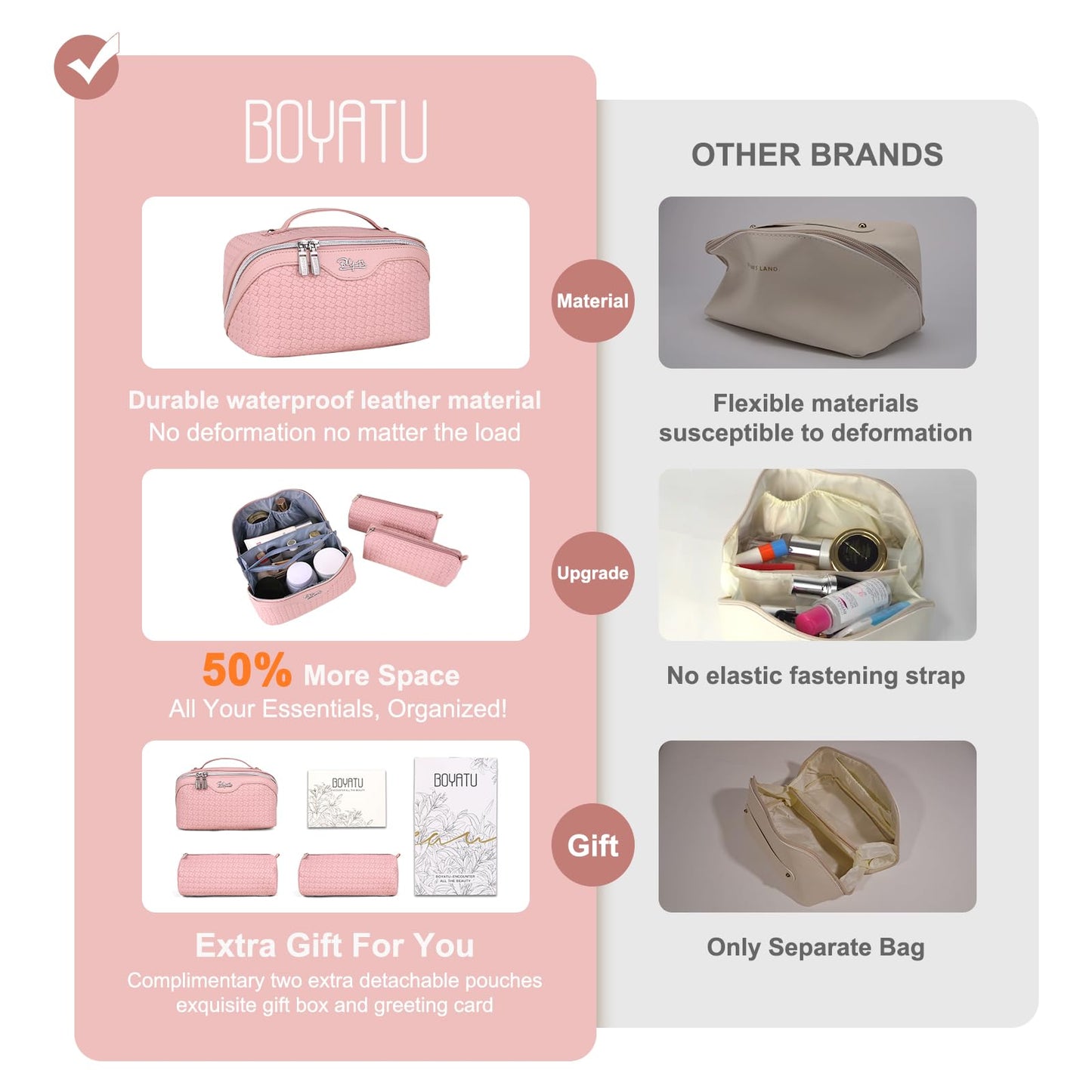 BOYATU Travel Makeup Bag Cosmetic Bags for Women: Large Capacity 3 Pcs Set Make up Bag with Compartments - Waterproof Vegan Leather Toiletry Organizer Bags with Handle (L39 Pink)