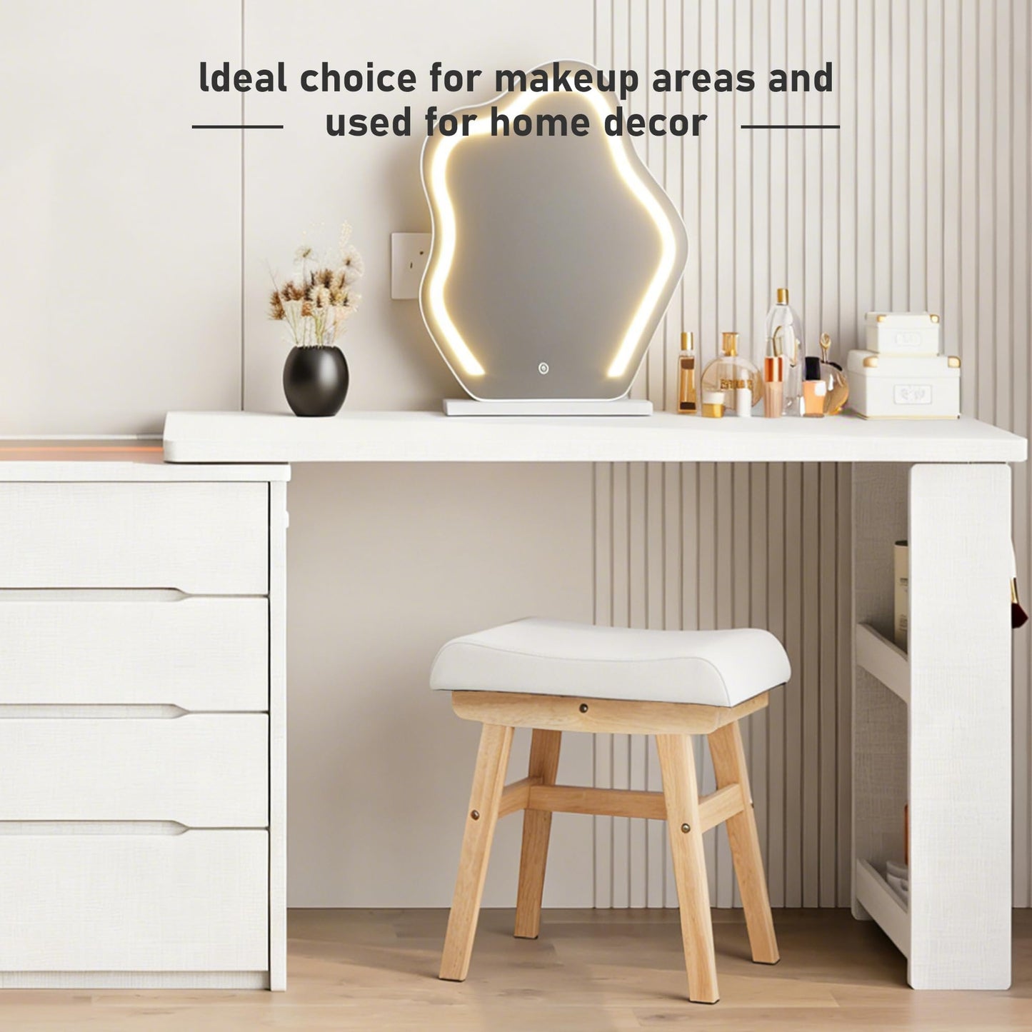 AurnaGle Wood Vanity Stool Chair,17.7 Inch Compact Makeup Chairs with Saddle Cushion, Linen-Covered High Rebound Sponge Seat, Easy Assembly Footstool for Bedroom, Entryway, Home, Walnut Ottomans