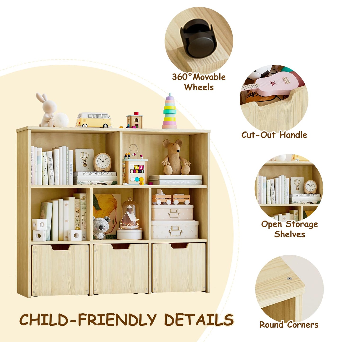 EXPERLAM Solid Pine Wood Toy Storage Organizer, Kids Bookshelf and Toy Organizer with 3 Rolling Drawers, 5 Storage Cubes, Montessori Playroom Storage Cabinet, Burlywood