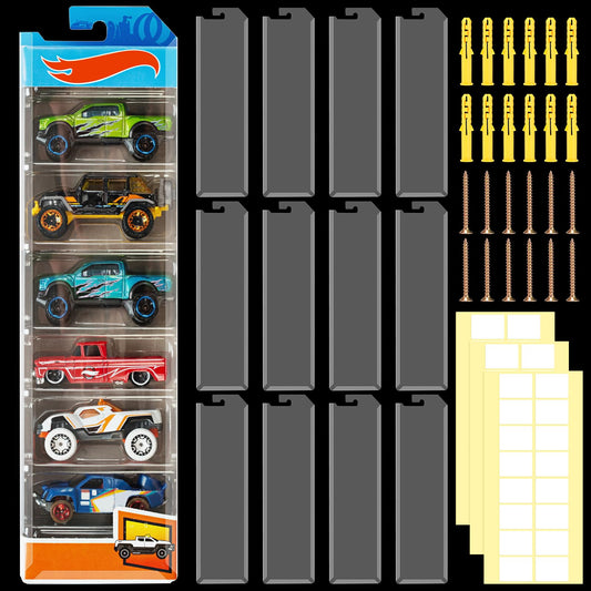 Geelin 12 Pcs Acrylic Model Car Display Cases, Holds up to 120 Cars Wall Mount, Toy Organizer Storage, Diecast Blister Display Shelf Packaged, 16.9 x 4.4