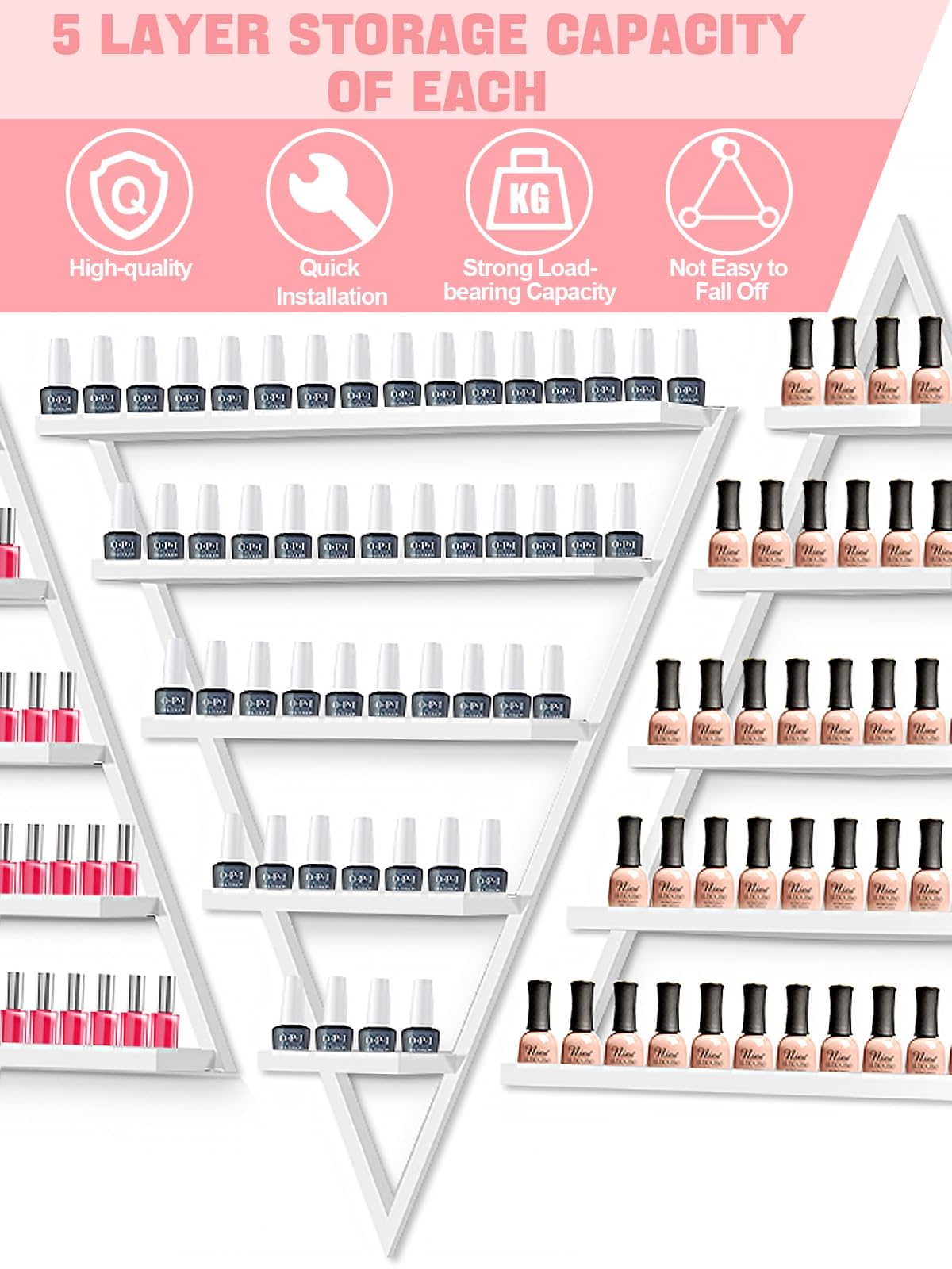 EBANKU 10PCS Nail Polish Racks 5 Tiers Nail Polish Shelf for Wall Triangular Display Rack Cosmetic Display Cases Lipstick Perfume Wall Shelf Essential Oil Organizers for Home Spa Nail Salon(White)