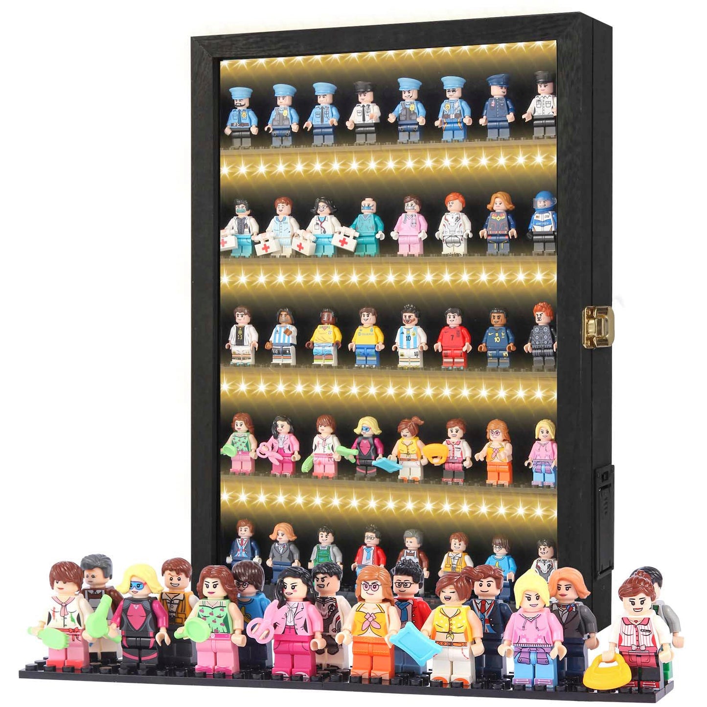 Minifigure Display Case – Black 16″ × 11″ × 2″ Showcase Cabinet with LED‑Lit Shelves, Mini Figurines Display Case with Built‑in Feet, Battery‑Powered, Cord‑Free Collection Display