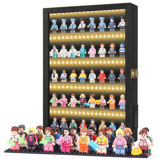 Minifigure Display Case – Black 16″ × 11″ × 2″ Showcase Cabinet with LED‑Lit Shelves, Mini Figurines Display Case with Built‑in Feet, Battery‑Powered, Cord‑Free Collection Display