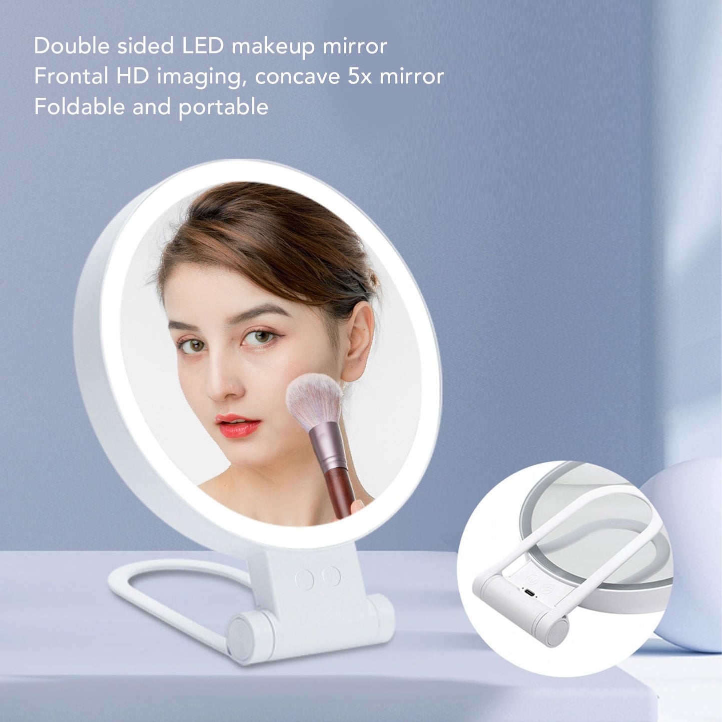 Fockety Lighted Makeup Mirror, 1X 5X Double Sided Magnifying Mirror LED Vanity Mirror with Folding Handle, Touch Control, Stepless Dimmable Tabletop Rechargeable Travel Makeup Mirror