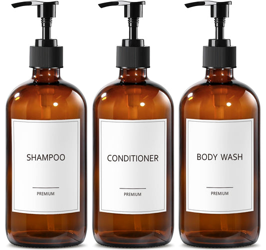 GMISUN Glass Shampoo and Conditioner Dispenser, Shower Soap Dispenser Bottles with Labels, Refillable Shampoo Conditioner Body Wash Dispensers, Amber Glass Soap Pump Dispenser Set for Bathroom Shower