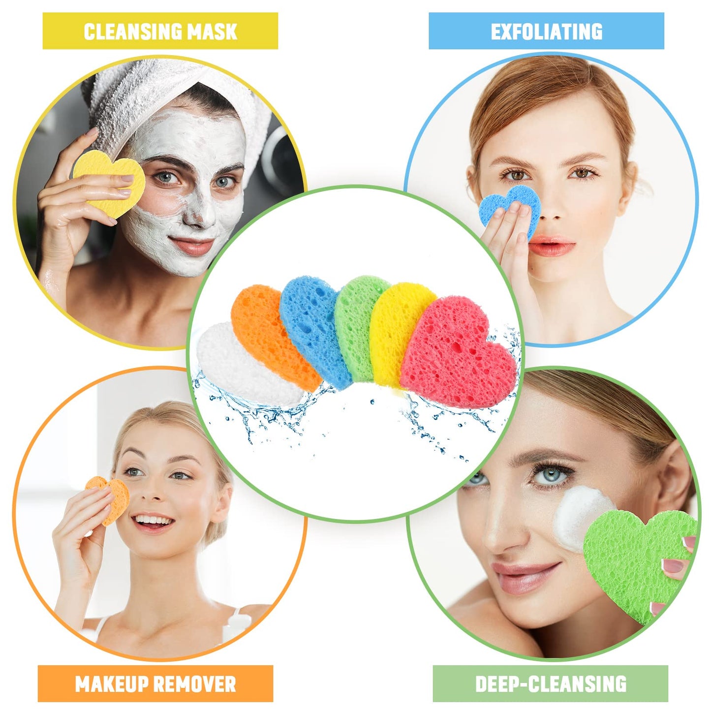 Nuenen 60 Pieces Facial Sponges with Container, Heart Shape Compressed Face Sponges Natural Cleaning Pads for Washing Face Cleaning Exfoliating Esthetician Makeup Removal(Multi Colors)