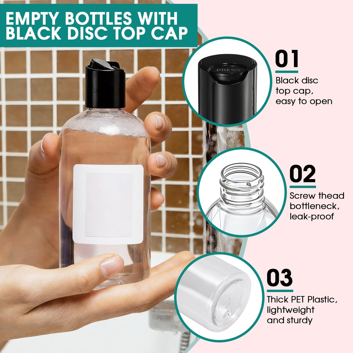 DPLASKA 6Pcs 8 oz Clear Plastic Refillable Travel Shampoo and Conditioner Bottles with Black Disc Top Caps，Squeeze Empty Bottles Cosmetic Containers for Lotions, Body Soap Cream