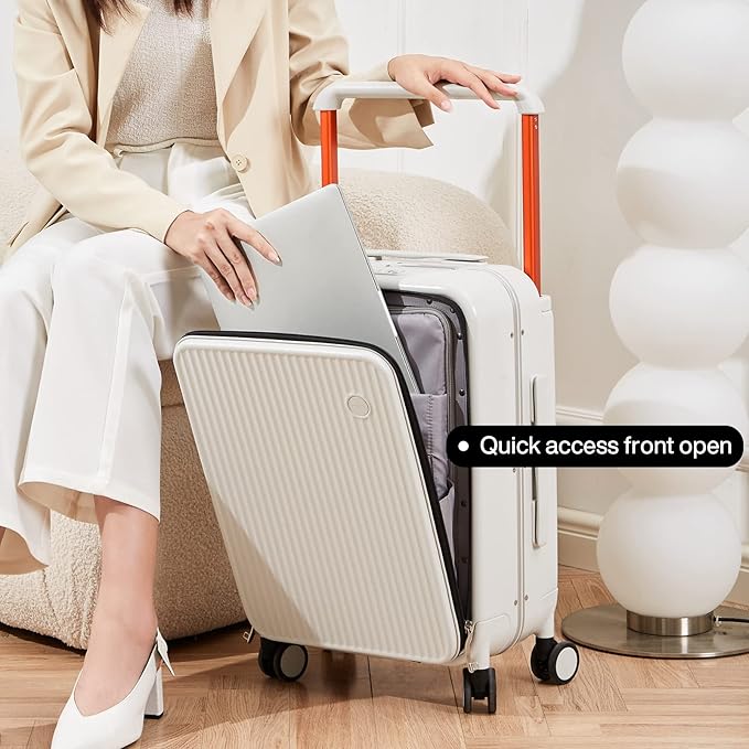 mixi Luggage Suitcases with Spinner Wheels 24'' Travel Luggage wih Front Laptop Pocket, Wide Handle PC Hardshell Suitcase with TSA Lock & Cover, Checked Luggage(Smoke White)