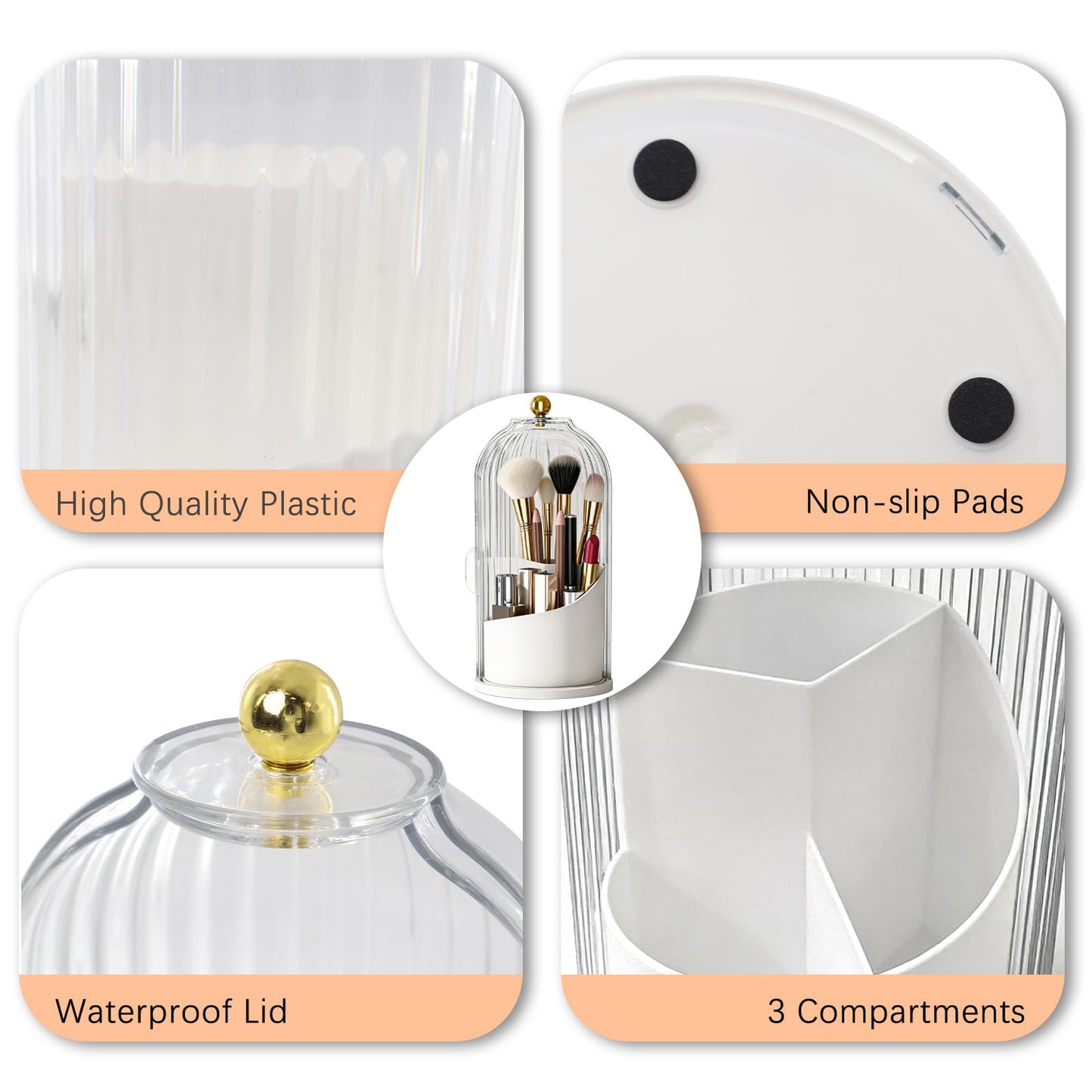 LAKSMI Makeup Brush Holder with Lid, Dustproof 3-Compartment Cosmetic Organizer, Large Capacity Vanity Storage for Brushes, Eyebrow Pencils, Toothbrushes, Dorm & Bathroom Essentials (White)