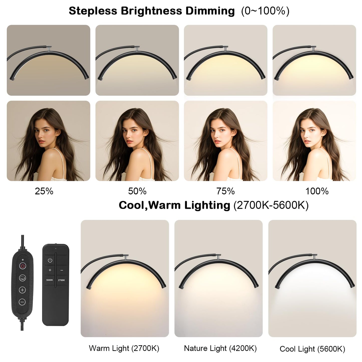 Half Moon Lash Light with Tool Tray for Eyelash Extensions - Professional LED Lamp for Eyetech,Tattoo Artists, Estheticians | Dimmable Cool/Warm Lighting & Brightness | Shadow-Free Design (Remote)