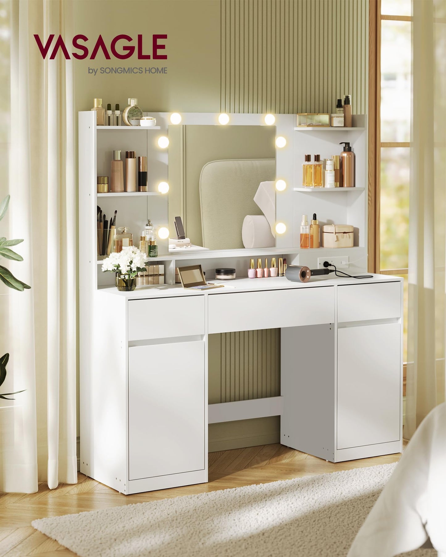 VASAGLE KAILYN Collection - Vanity Desk with Mirror and 9 LED Bulbs, Modern Vanity Makeup Table with Power Outlets, Dressing Table with 2 Cabinets, for Bedroom, Cloud White URDT142WB01S