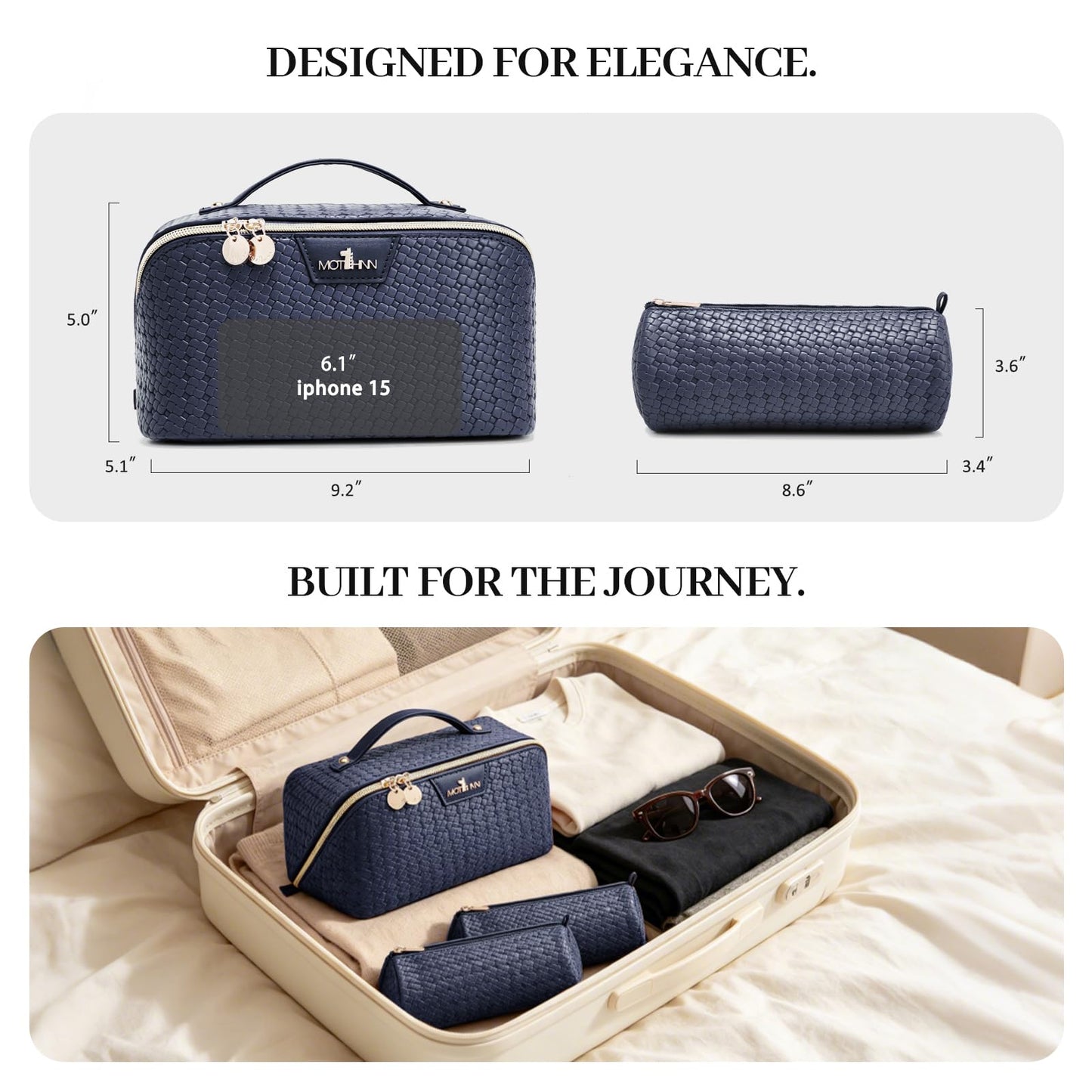 Travel Makeup Bag for Women: 3 Pcs Set Cosmetic Bags for Women - Large Capacity Vagen Leather Hand-made for Toiletry Organizer - Waterproof Ladies Travel Flat Open Essentials for Luxury (02Blue)