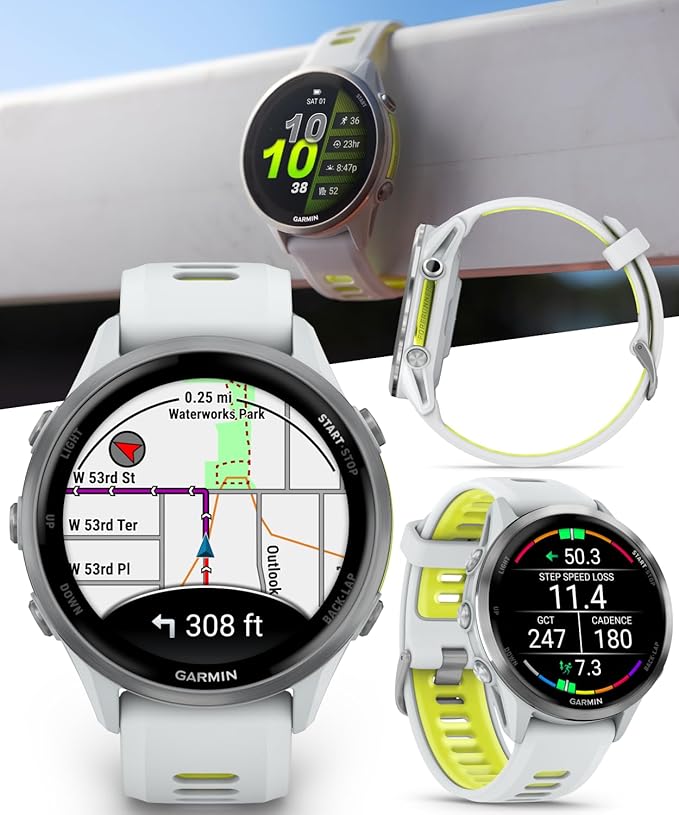 Wearable4U Garmin Forerunner 970 Titanium Smartwatch with Whitestone Case and Whitestone/Translucent Amp Yellow Band, AMOLED Display with Garmin HRM 600 S Power Bank Bundle