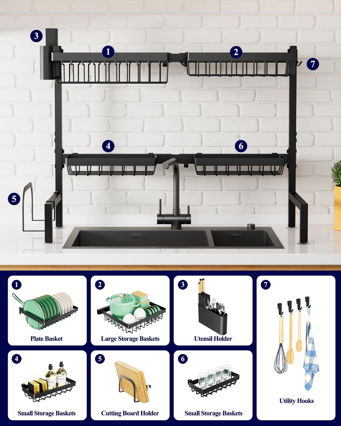 Kitsure Over The Sink Dish Drying Rack - 26.8" to 33.9"x21.5", Adjustable Sink Drying Rack for Kitchen Sink with Large Capacity, 2-Tier Dish Rack Over Sink with Multifunctional Baskets, Black