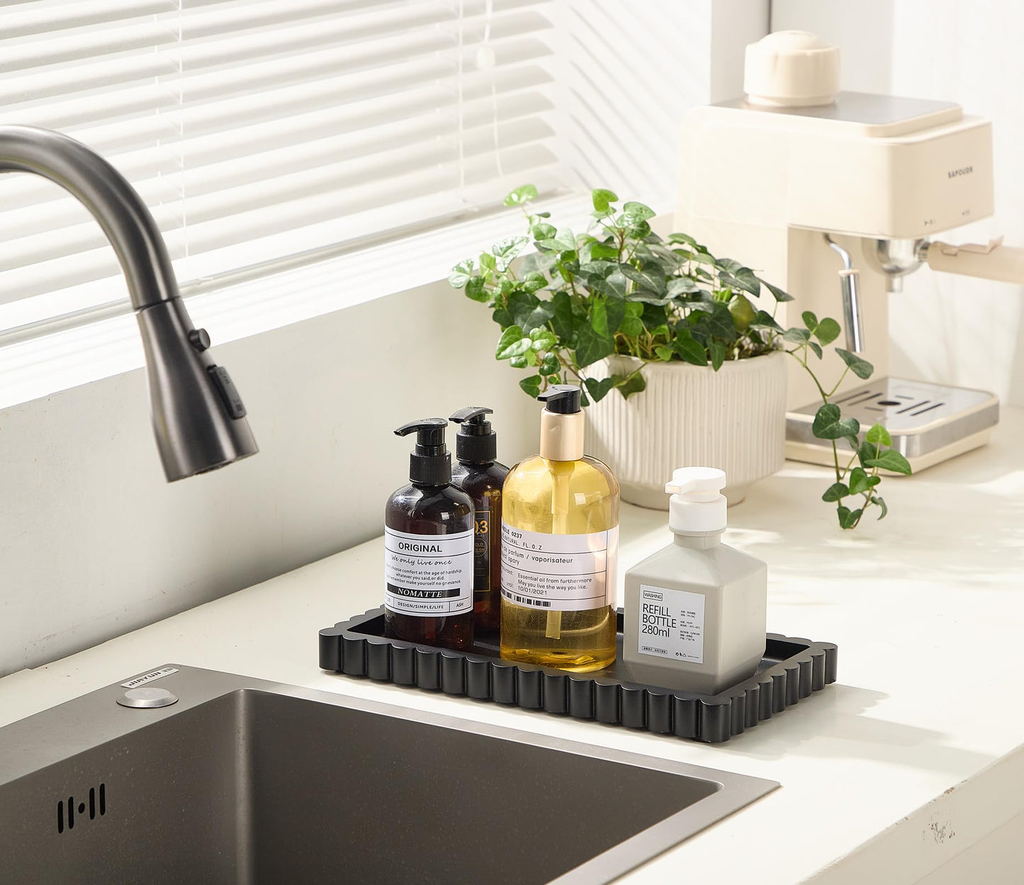 Scalloped Bathroom Vanity Tray for Countertop- Small Concrete Modern Industrial Minimalist Counter Vanity Organizer Tray for Dresser- Decorative Tray-11.8"L x 6.37"W x 1"H- Charcoal Black- Water-proof