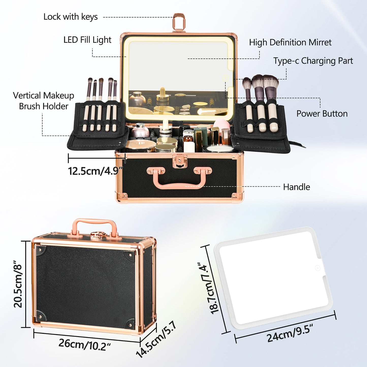 GALHUBIS Makeup Case with Lighted Mirror, Makeup Box Organizer with Detachable LED Mirror, Travel Makeup Train Case, Waterproof Cosmetic Organizer, Standing Makeup Brush Holder, Gift, Black Gold