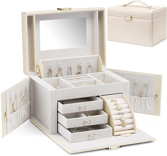 Vlando Jewelry Box Organizer for Girls Women, Large Jewelry Holder Organizer with Mirror, 3 Drawers for Bracelets, Earrings, Rings, Necklaces, Mothers Day Gifts for Loved One, Apricot White
