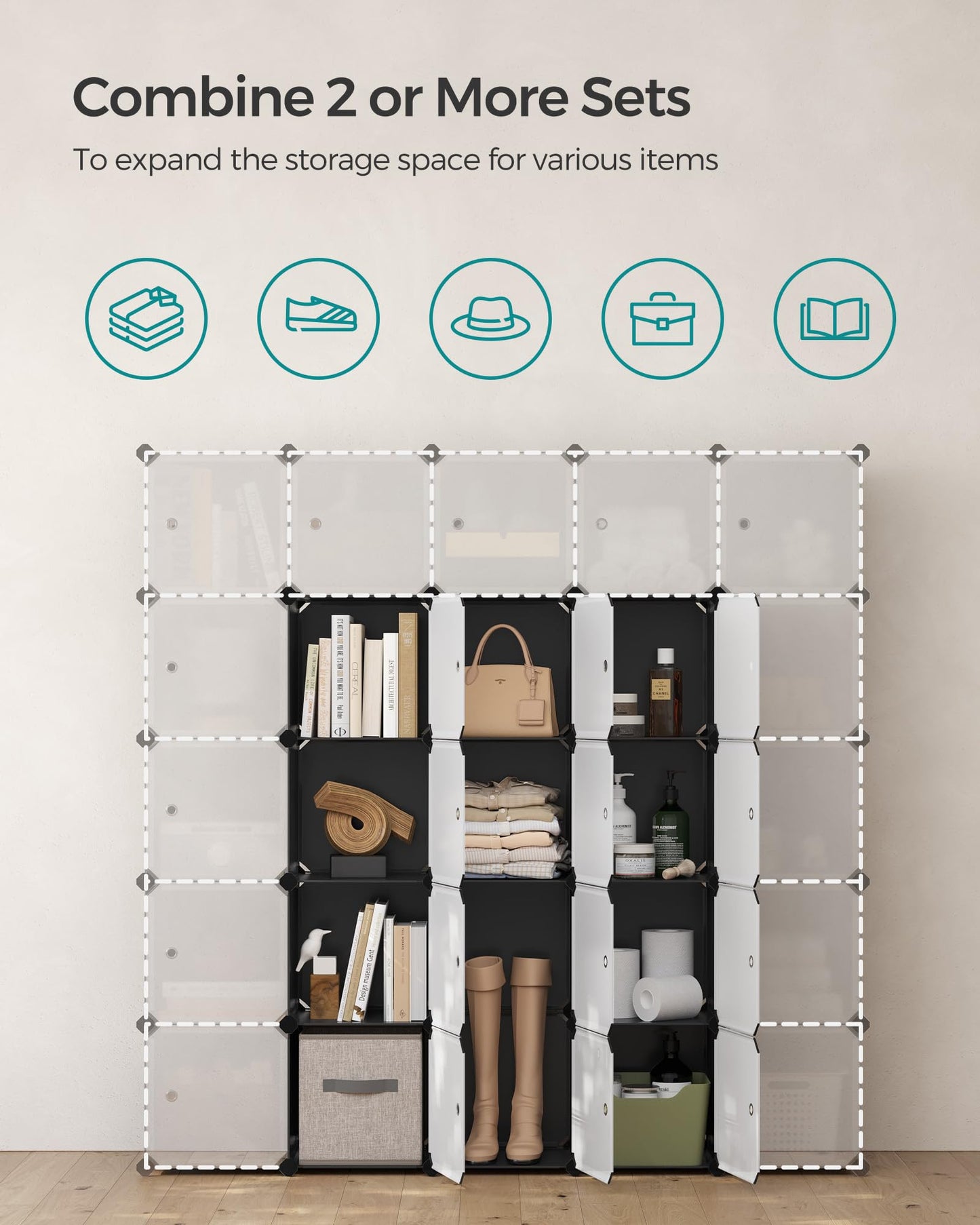 SONGMICS Cube Storage Organizer, Set of 16 Plastic Cubes, Closet Storage Shelves, DIY Plastic Closet Cabinet, Modular Bookcase, Shelving with Doors for Bedroom, Living Room, Black and White ULPC44HS