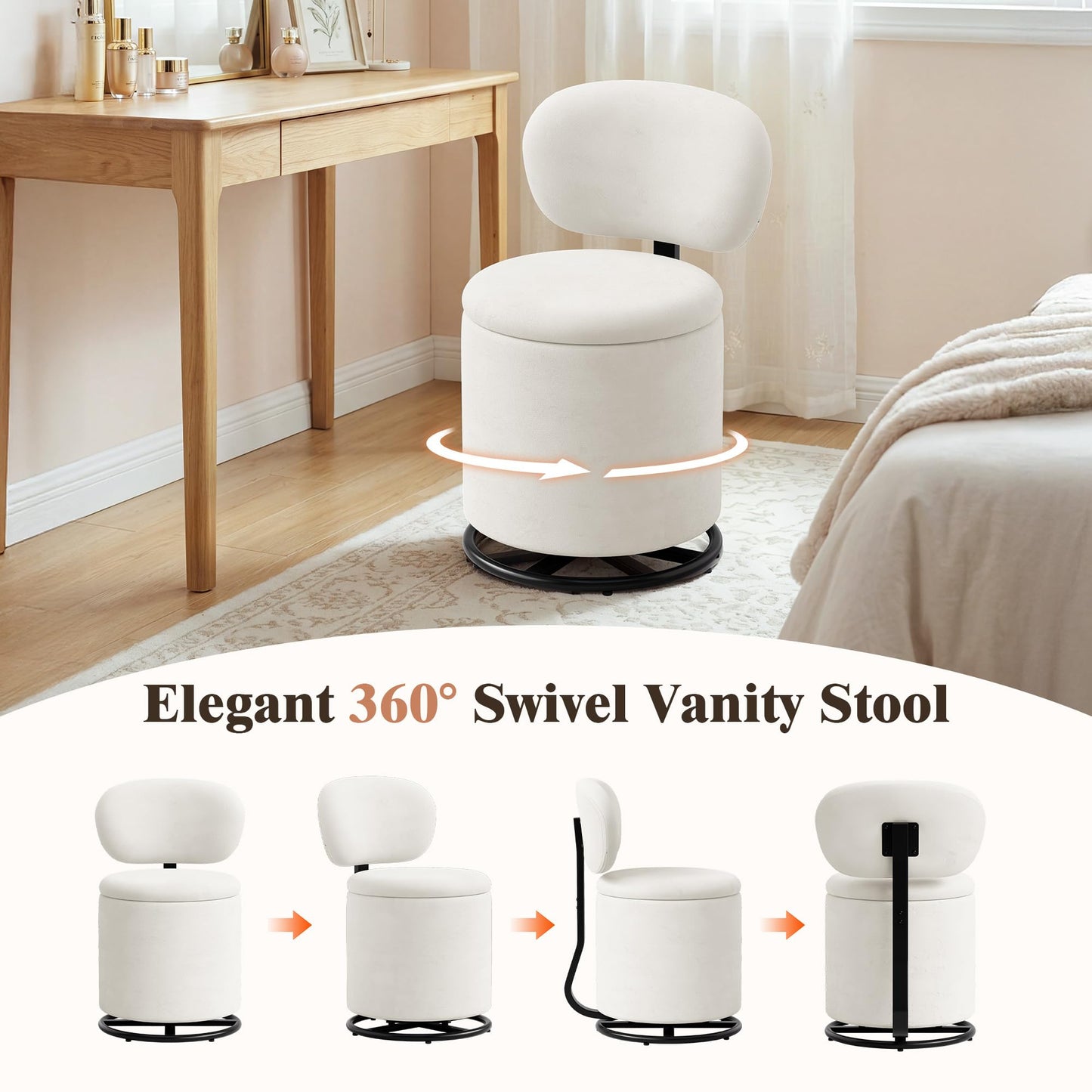 LIVELYGLOW White Velvet Swivel Vanity Chair with Storage Makeup Stool