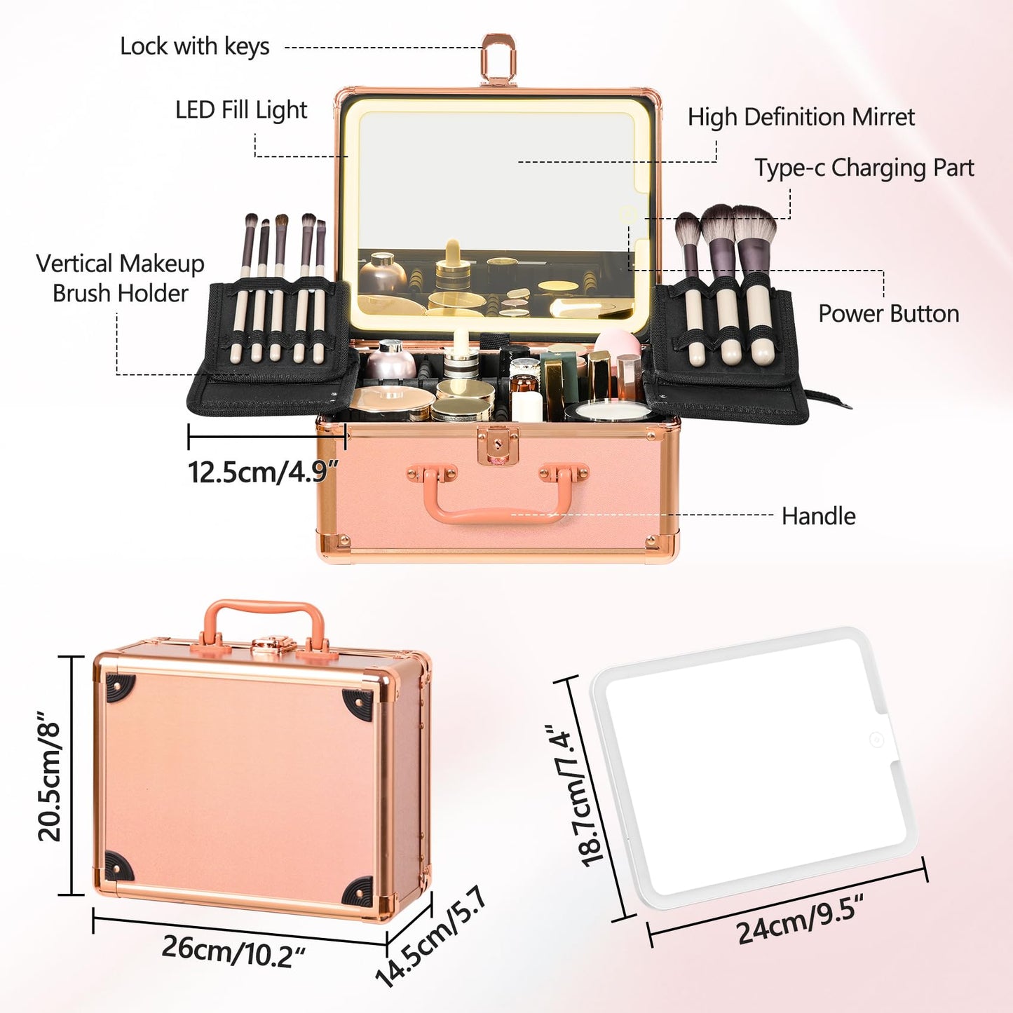 GALHUBIS Rose Gold Makeup Case with Lighted Mirror, Detachable LED Mirror, Travel Makeup Train Case, Waterproof Cosmetic Organizer, Standing Makeup Brush Holder, Gift