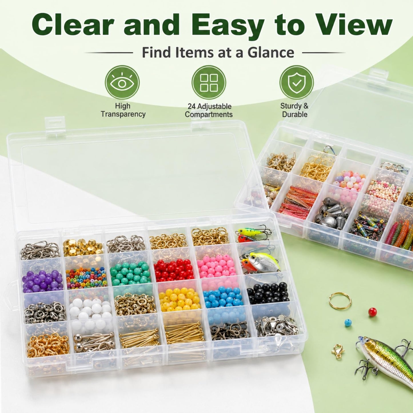 APACALI 4 Pack Large Clear Organizer Box with Dividers, 24 Adjustable Compartments Tackle Box & Bead Organizer for Crafts Small Parts