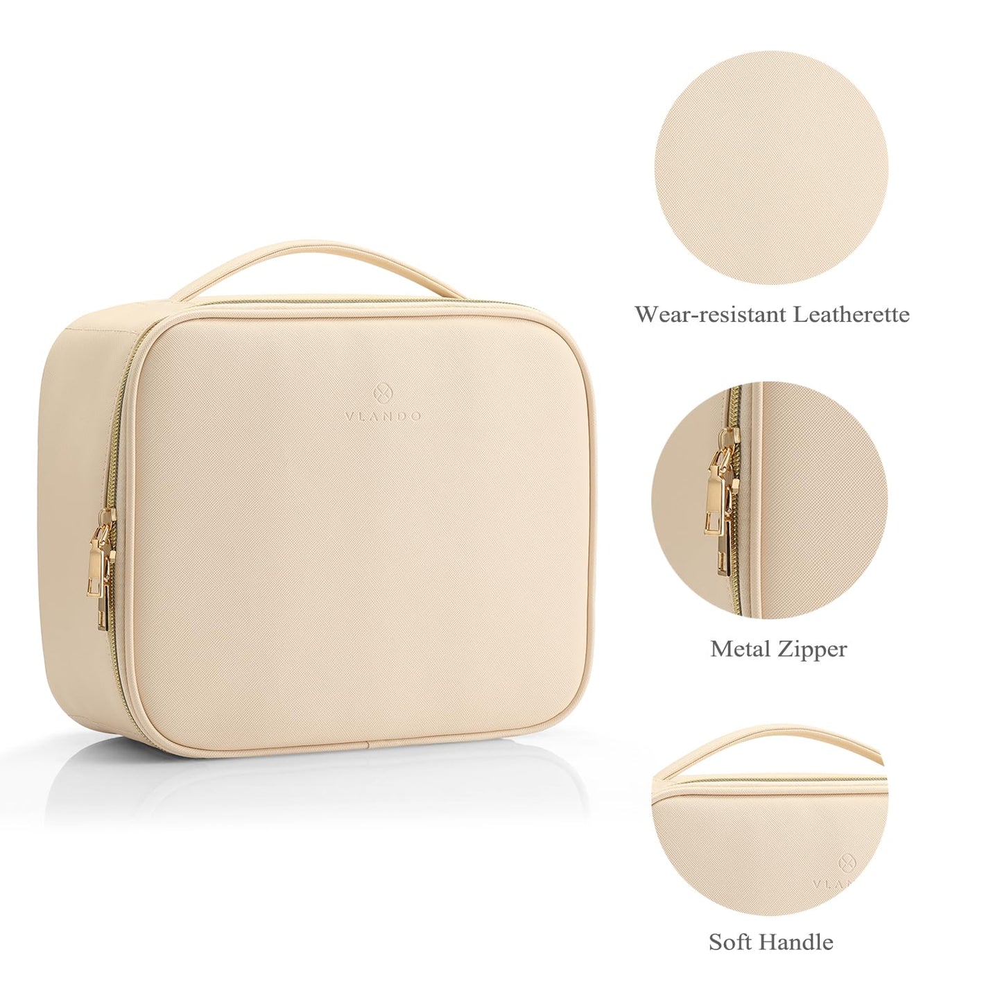 Vlando Toiletry Bag, Large Wash Bag, Travel Cosmetic Make-up Bag, Multi-compartment with Dividers for Cosmetics Makeup Brushes Toiletry Jewelry Accessories, Beige