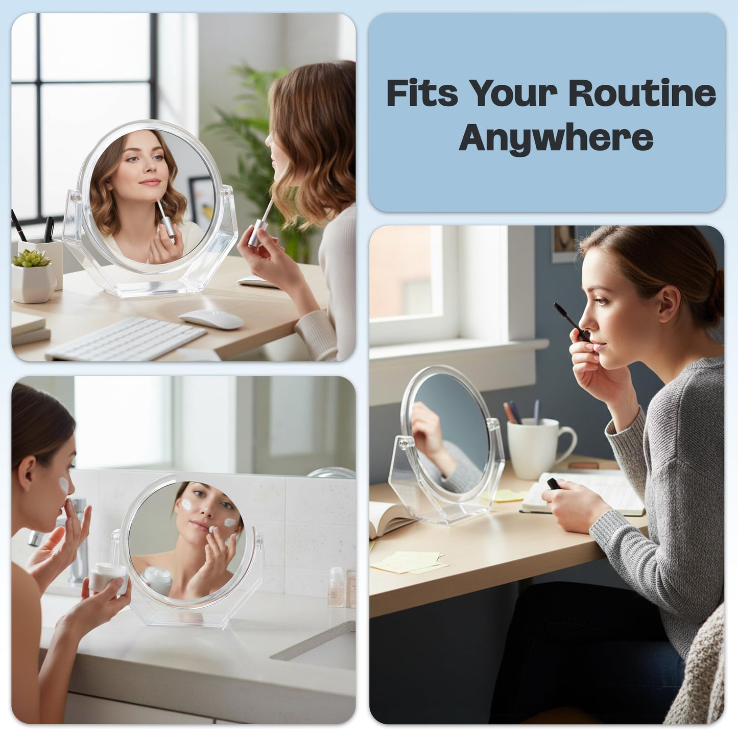 Danielle Creations Round Acrylic Vanity Mirror, Clear 1x/10x Magnifying Makeup Mirror with Soft Touch Stand, Tabletop Desk Bathroom Vanity Mirror, Portable Compact Mirror